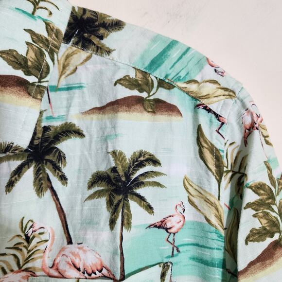 Oliver & Burke Palm tree and flamingo print button front Hawaiian shirt men sz M - Picture 9 of 11